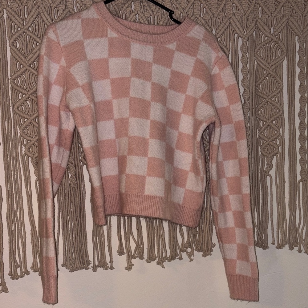 Forever 21 Pink and White Checkerboard Crew Sweater